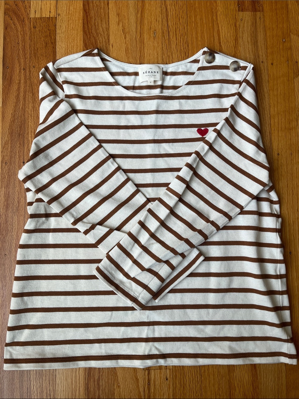 Sezane Cream and Brown Striped Top with Red Heart